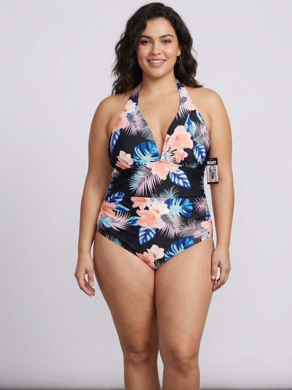 DKNY Women’s XXL One Piece Halter Swimsuit Tropical Floral Black NWT